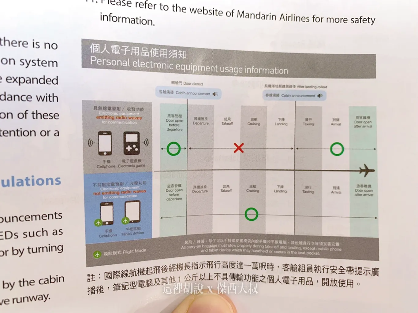 真的是太久沒有搭國內線所以特別複習一下電子用品的使用規定手機是可以在關閉wifi以及切換成飛行模式的狀況下使用另外有特別確認藍芽耳機也是可以使用的