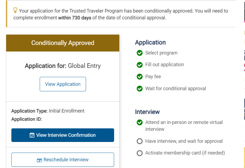 要等到文件審查完成才會出現CONDITIONALLY APPROVED 當出現這樣才代表可以去機場面試阿那個 遠端面試還在測試 只適用於續會資格的人歐但這個狀態還不是核准歐