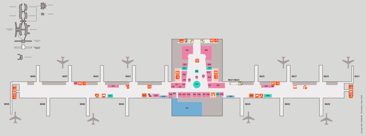 巴黎戴高樂機場 CDG相關地圖 機場懶人包 機場住在哪邊：Terminal 2E - Portes M （HALL M/ M區域）