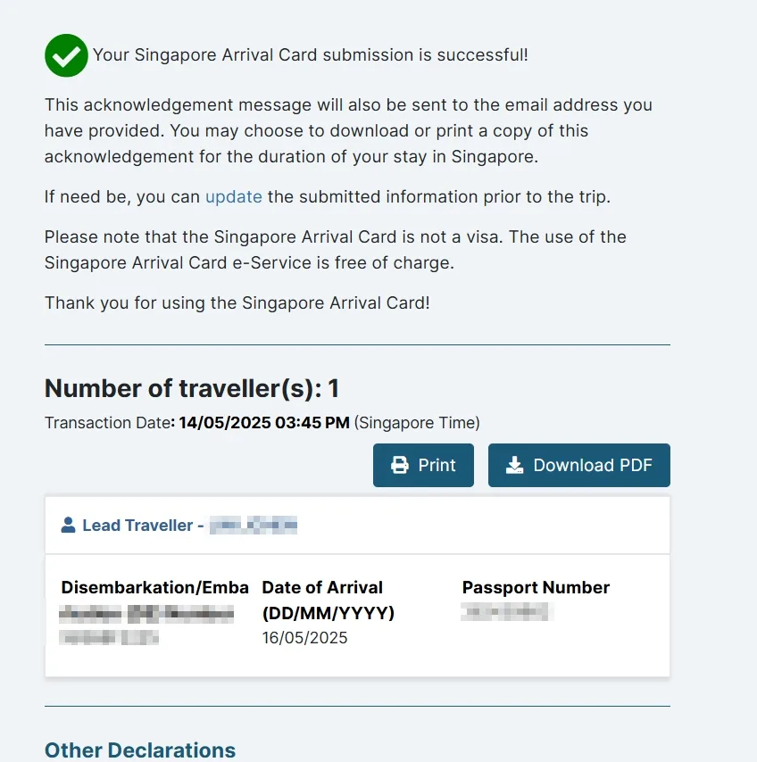 出現這樣的視窗代表就已經完成入境卡的填寫確認頁面下方也有下載pdf的按鈕他同時也會發信