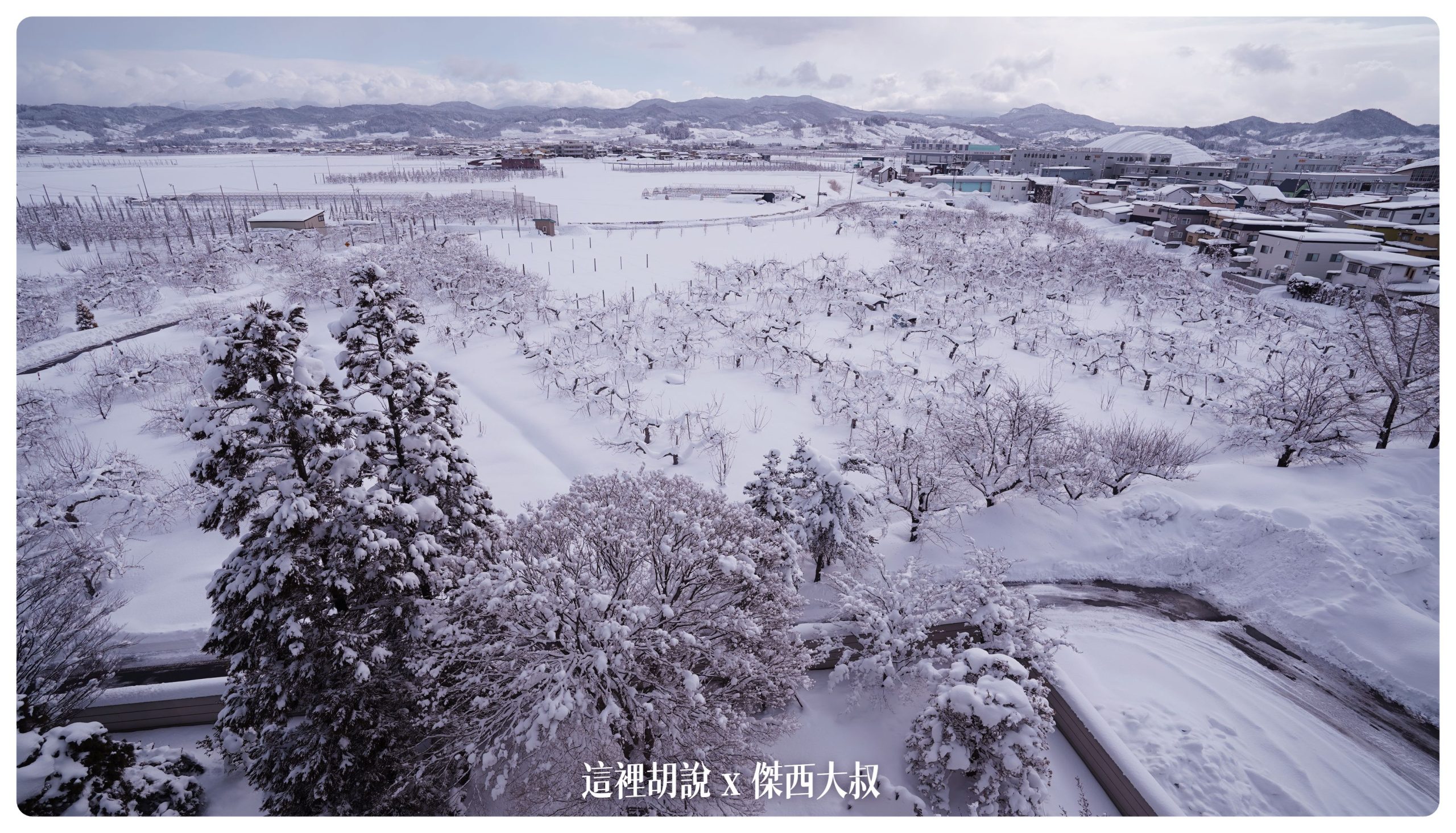 弘前：南田溫泉飯店 APPLE LAND  滿滿的蘋果歡迎 蘋果溫泉.蘋果觀音.蘋果早餐.蘋果汁.蘋果本人：一大早窗外的雪景