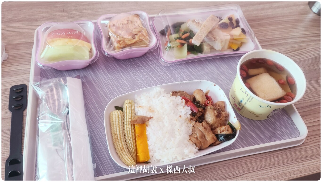 供應的是接近豪華經濟艙的餐點，因為正統飛機餐沒有湯，而且右上角也沒這樣的冷菜盤