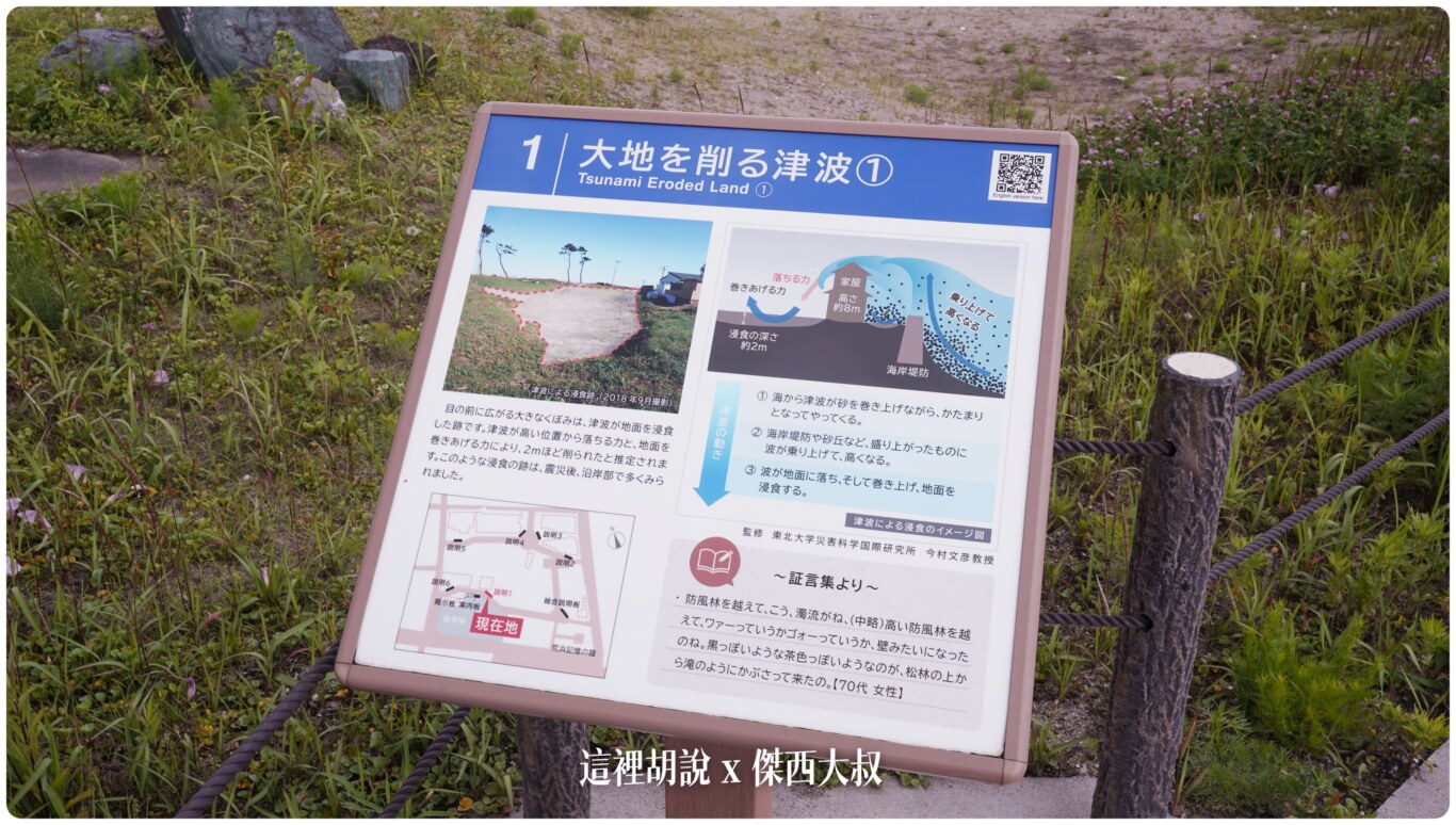 這裡說明了因為海嘯在經過建築的時候會產生更大的力量而這個凹下去的地方就是被沖刷出來的地面