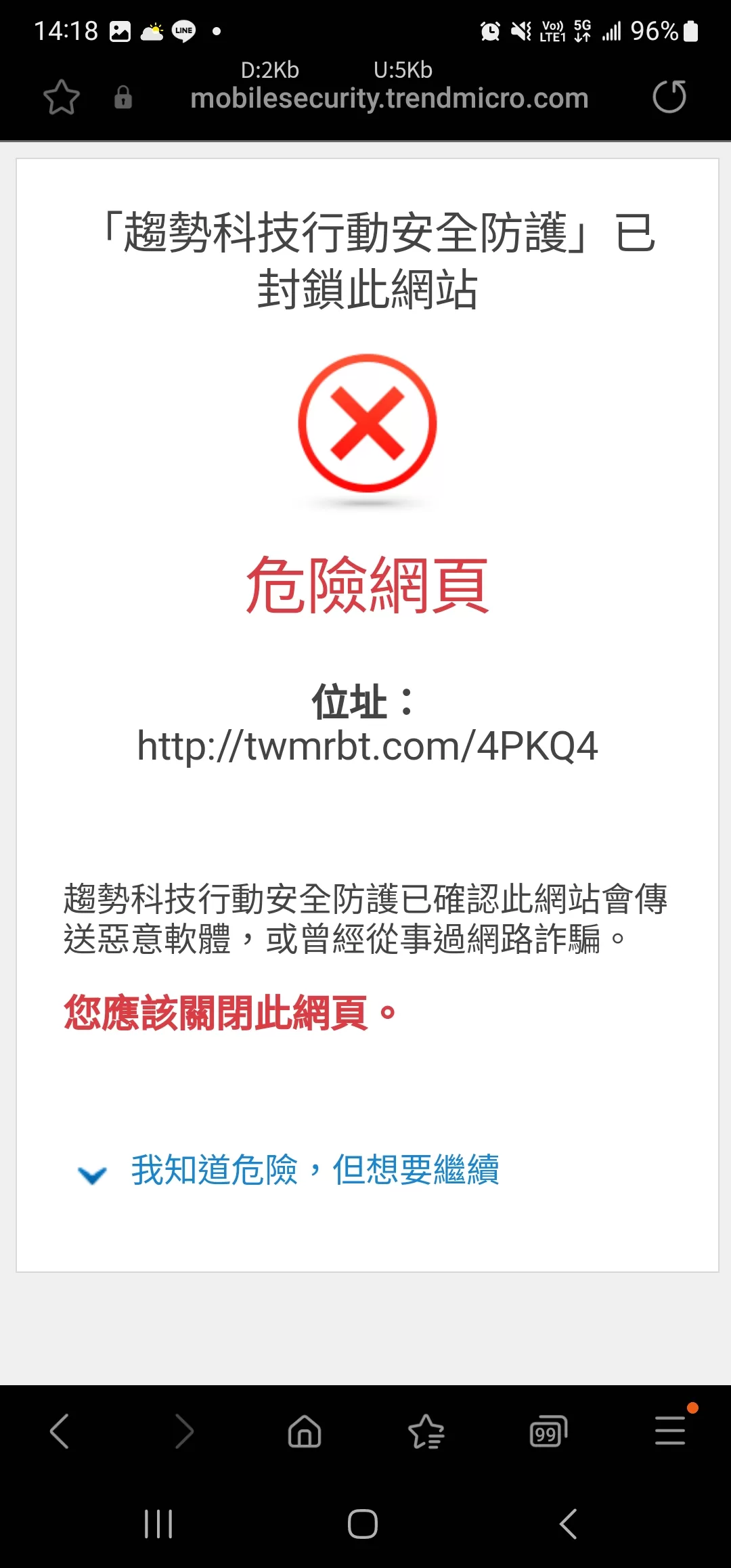 在手機當中點擊可以訊息當中也會跳出警告