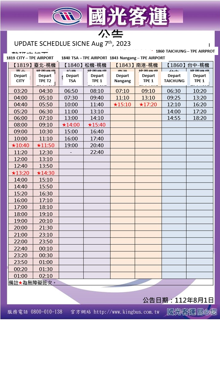 4 options for you, Transportation from TPE Airport (Taiwan Taoyuan International Airport) to Taipei City.：BUS SCHEDULE