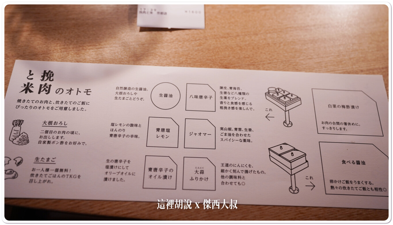 六種調味料生醬油、青唐鹽檸檬、醃製青唐辛子、韓式辣醬、麻油蔥薑醬、炸蒜片抽屜還有鹽巴、七味粉、山椒在上到第二個漢堡的時候，店員會提供蘿蔔泥跟醋，有解膩的效果