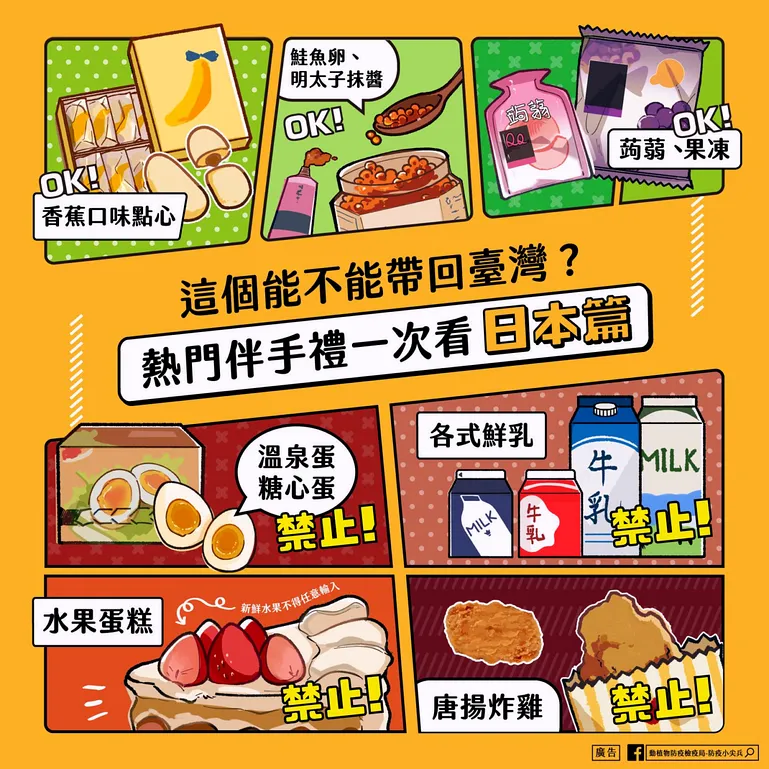 香蕉口味點心：不含新鮮水果OK！蒟蒻、果凍：不含新鮮水果OK！鮭魚卵、明太子：水產品OK！水果蛋糕：含有新鮮水果的，不能帶！溫泉蛋、糖心蛋：蛋黃未凝固的非全熟蛋不能帶！鮮乳：只有保久乳可以帶唐揚炸雞：肉類製品不能帶回來！圖片資料來源/動植物防疫檢疫暑