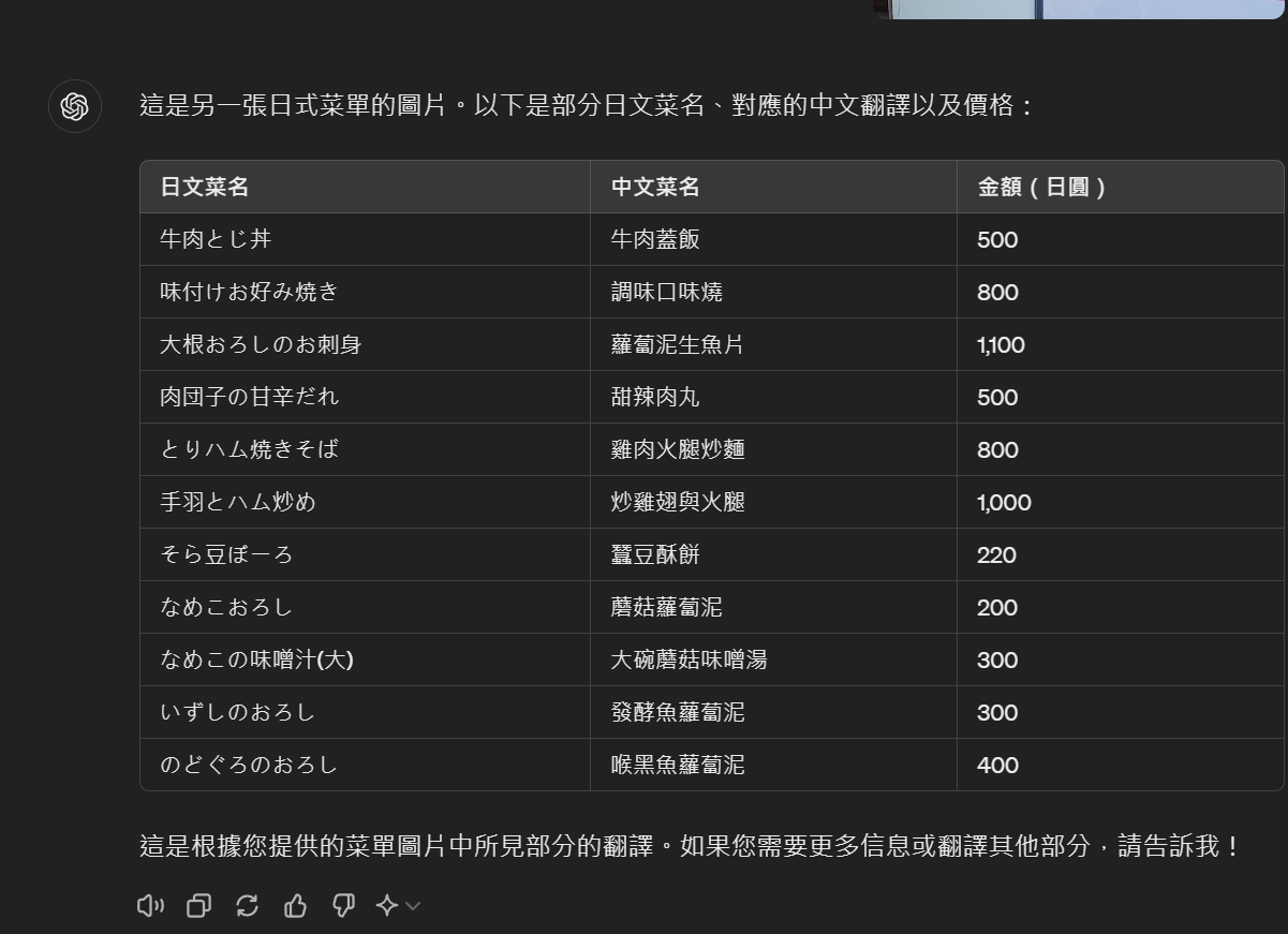 旅遊小工具：Google Gemini 用Ai工具翻譯手寫菜單 新的CHATGPT 4o也不錯：CHATGPT-4O的翻譯結果