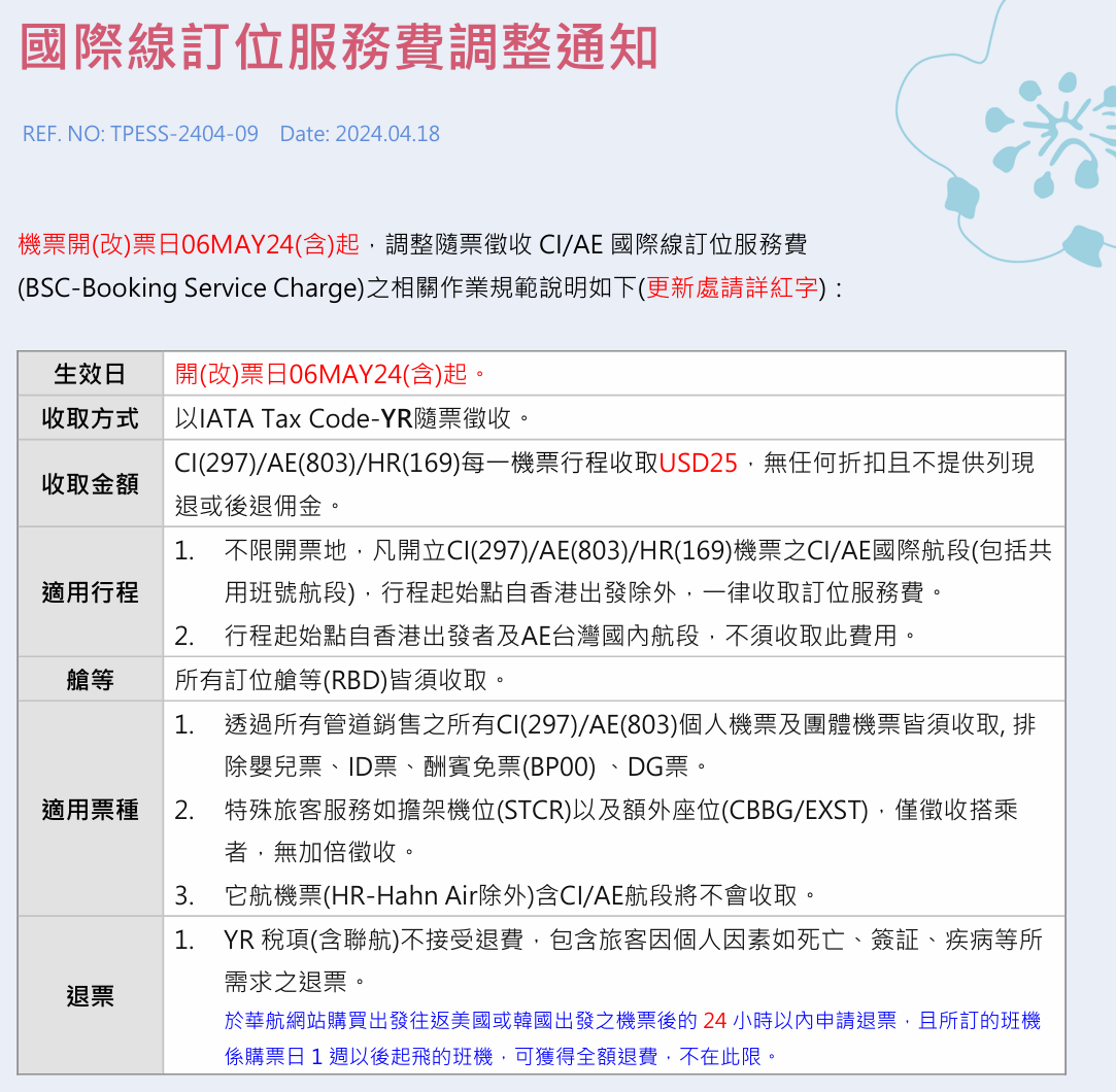訂位服務費是什麼東西? BSC/YR:華航相關規定截圖 訂位服務費是什麼東西? BSC/YR:華航相關規定截圖