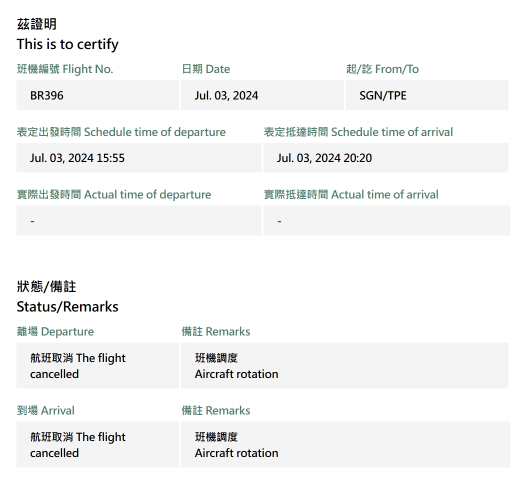 航空事件簿 長榮航空 BR396 在胡志明市滑行時觸碰燈柱 2024/07/03：所開立的延誤證明