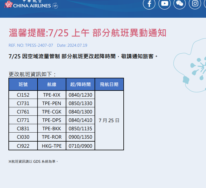 2024 漢光演習 25日桃機操演 二十多架次航班起降時間調整：華航通告