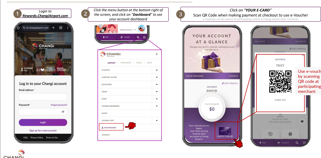 登入選擇右下角DASHBOARD選擇E-CARD 出示QRCODE給櫃臺