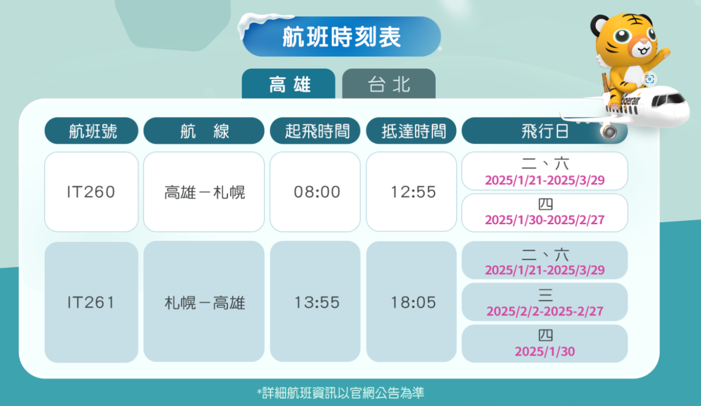 高雄時刻表 虎航高雄新千歲時刻表
