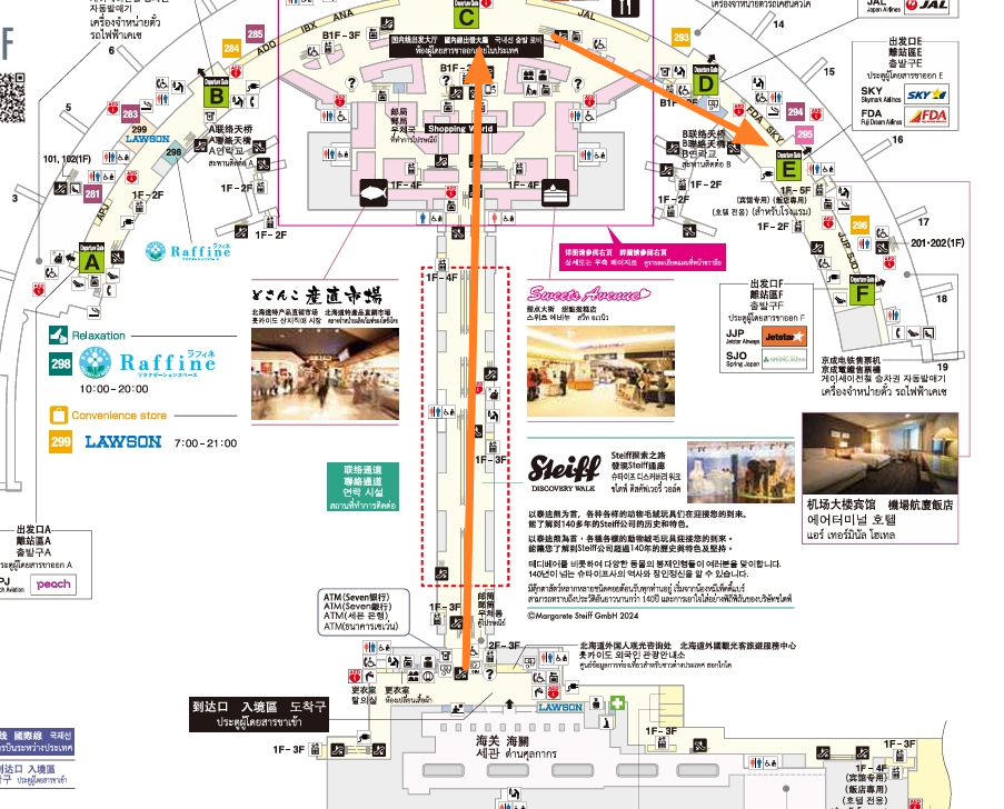 行走路線參考，圖片的下方是國際線圖片來源：新千歲機場網站