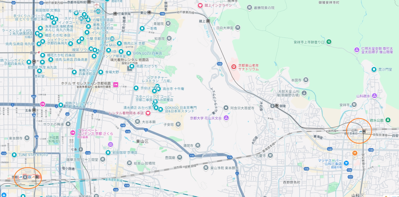 山科站跟京都車站的相對位置。 山科站跟京都車站的相對位置。