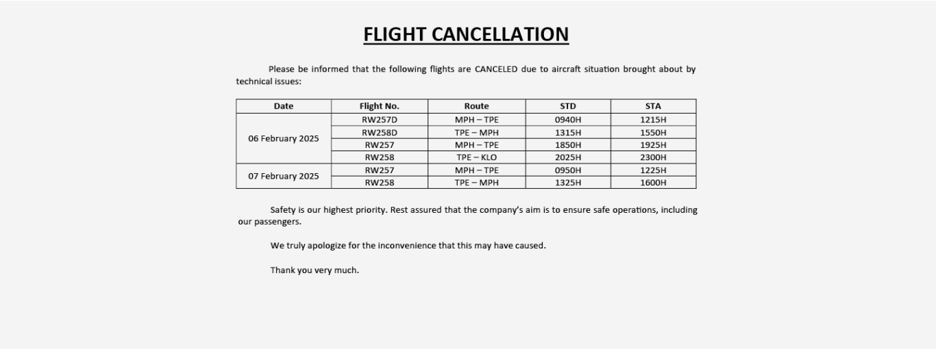 菲律賓皇家航空班機故障 航班取消事件紀錄 2025-02：其他公告