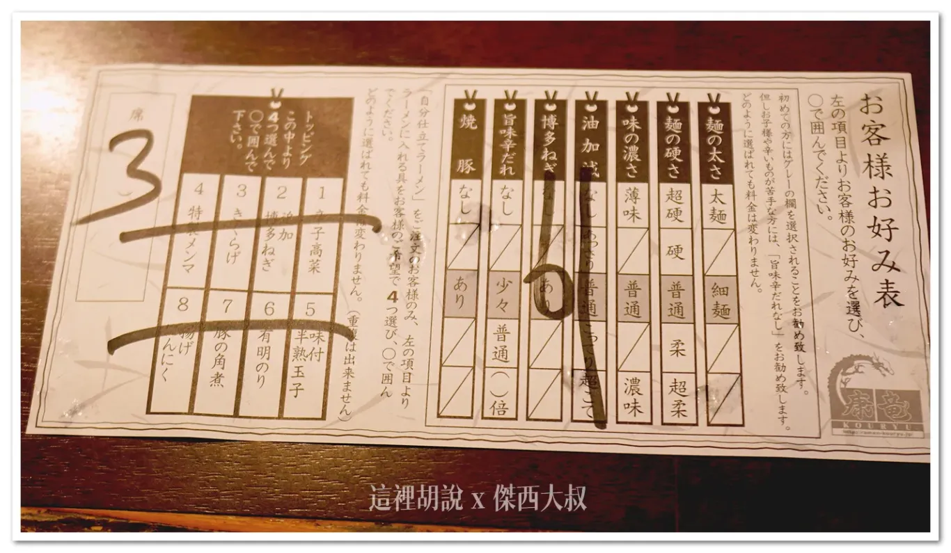 點完餐之後店員就會給上這一張表格，讓你調整需要的客制化程度（部分菜色就沒有給，客制化表格主要是以拉麵湯麵為主）