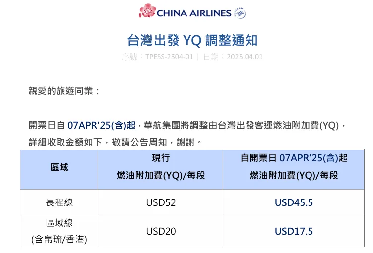 機票當中燃油附加稅 YQ 變動紀錄 2025/07更新：4/7 華航