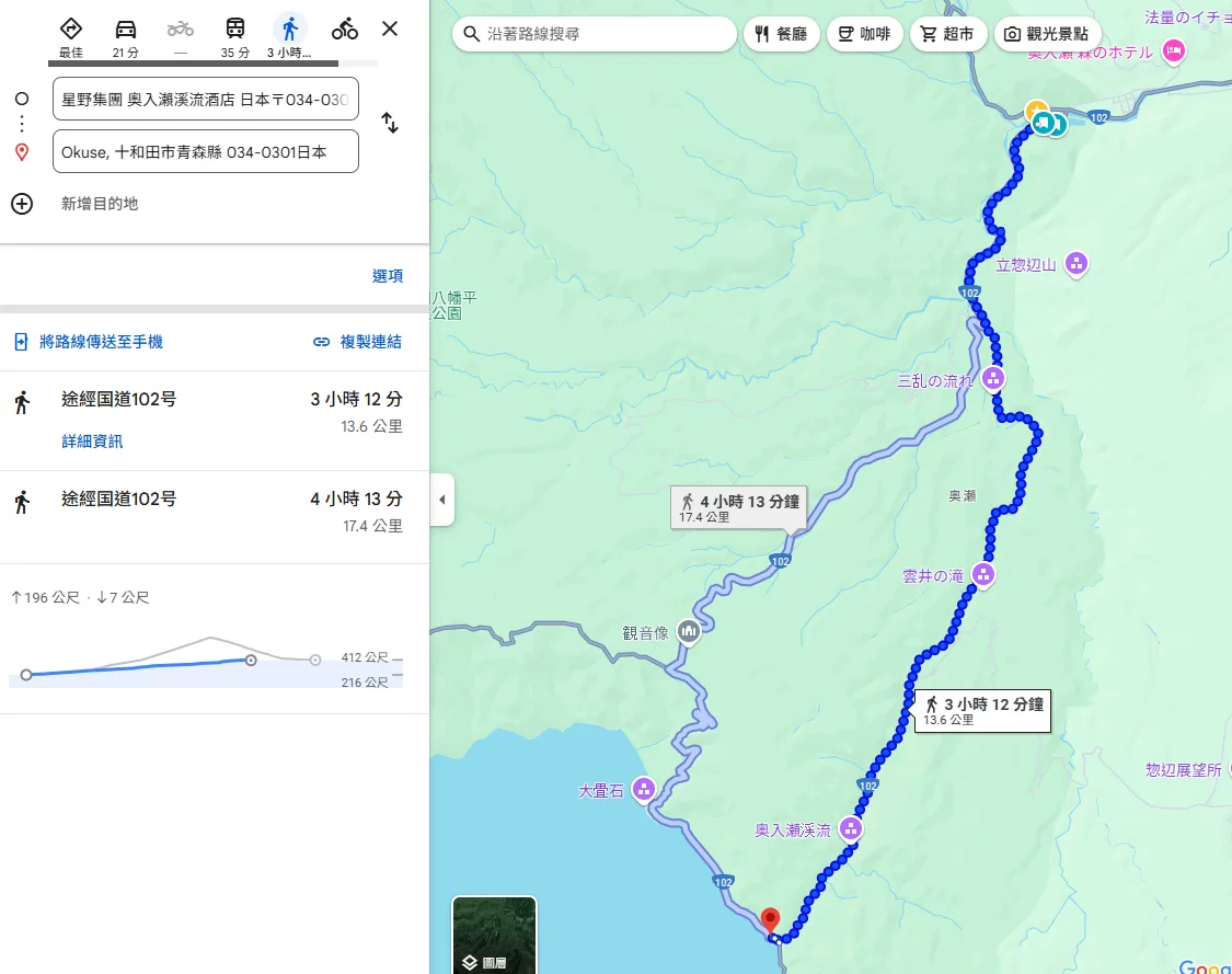 如果想要走路的話，從飯店走到十和田湖的上升高度為196公尺，提供參考。