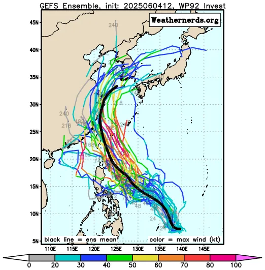 航空事件簿 2025/06 WP92（蝴蝶颱風） WP94：6/4 天氣模型計算變化