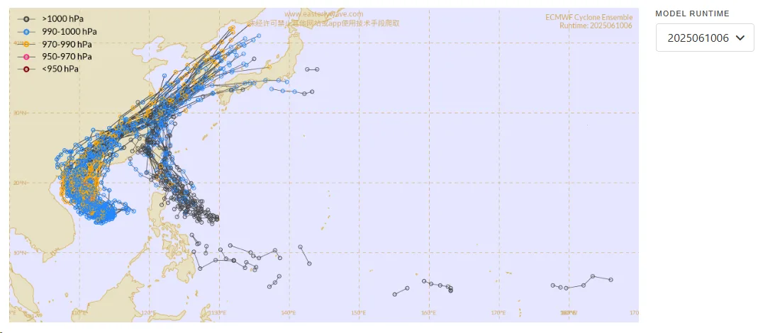 航空事件簿 2025/06 WP92（蝴蝶颱風） WP94：6/10 天氣模型計算變化
