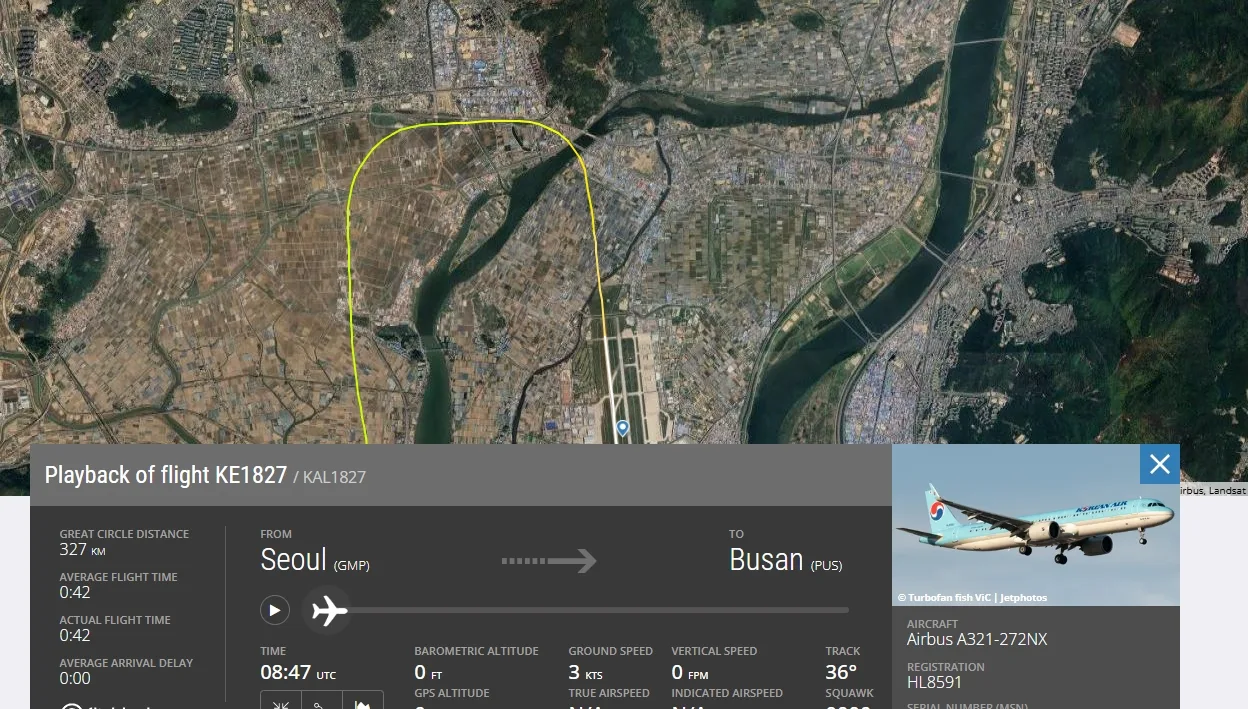 航空事件簿 2025/6/25 華航CI186 釜山機場重飛 看飛航監控軟體資訊準確狀態：KE1827 大韓航空飛行的路徑