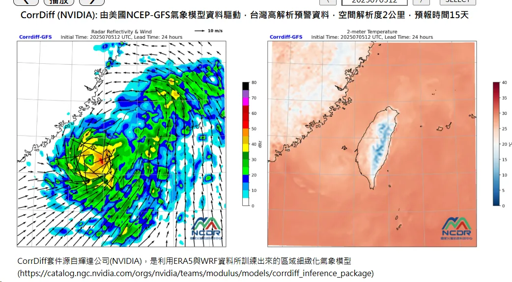 目前NVIDIA CORRDIFF模型 在晚間八點接觸陸地之後，威力就會快速減弱