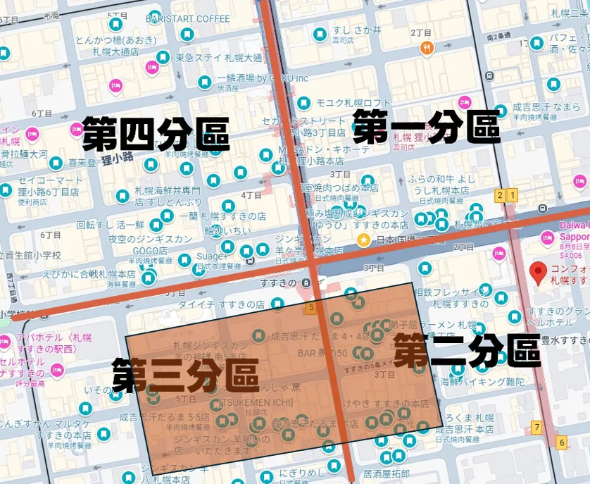 熱鬧的紅燈區域，大部分的店面集中在這一塊這個區塊內也比較少飯店