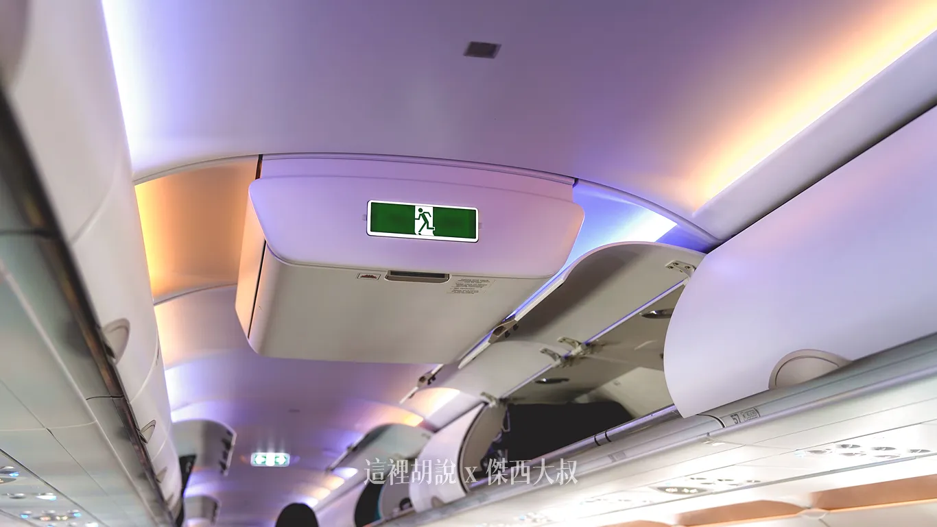 客艙天花板這個隆起物，是存放緊急設備、逃生筏的儲物空間Centerline Ceiling Stowage (CCS) / emergency kit / Life Raft
