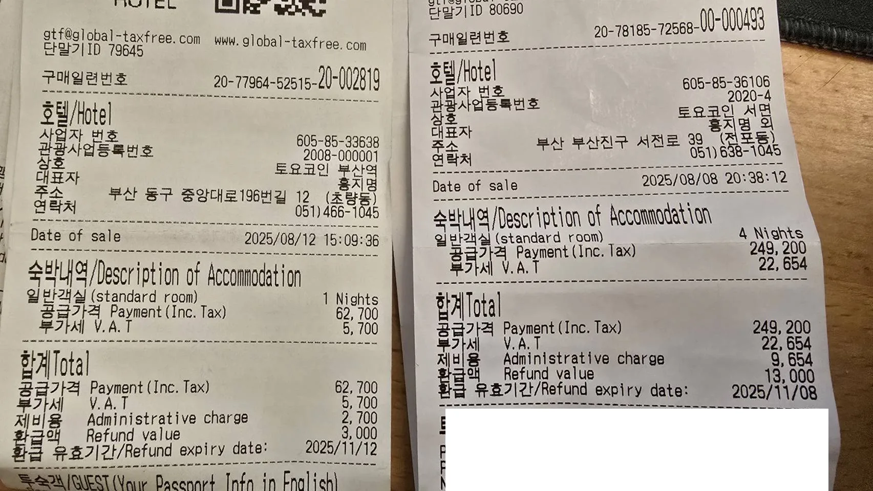退稅單（左側一個晚上的東橫INN釜山車站店、右邊是四個晚上的西面店面）