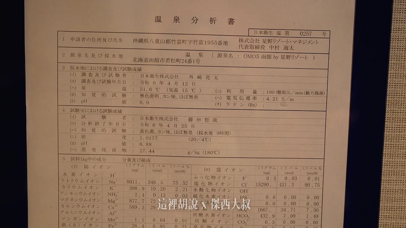 只要是溫泉就會出現溫泉分析書，上面寫的泉源就位於飯店現址