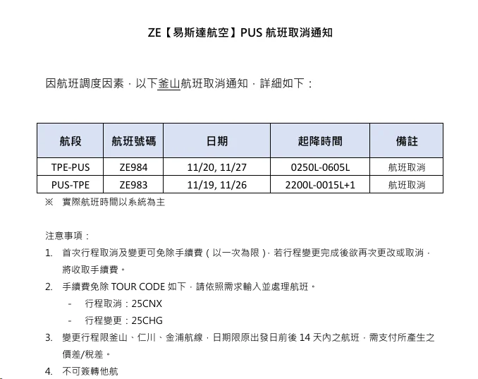 易斯達航空 因班機調度 宣布取消12/10到3/26 部分台北釜山航班 以及OTA意外取消部分訂位記錄事件 2025：更早的航班異動公告