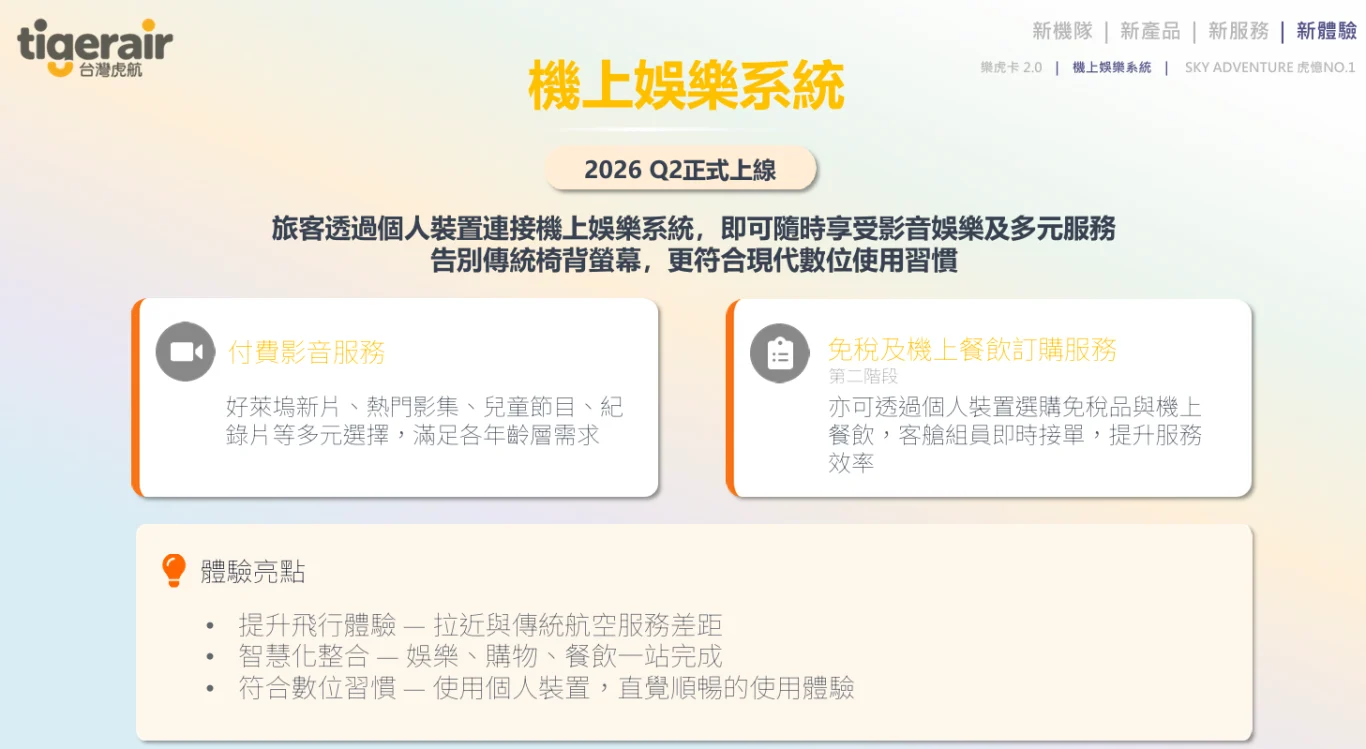虎航2026發展計畫 會員訂閱制 / 第二代樂虎卡 / 專屬香芬 / 機上無線娛樂系統：機上無線娛樂系統