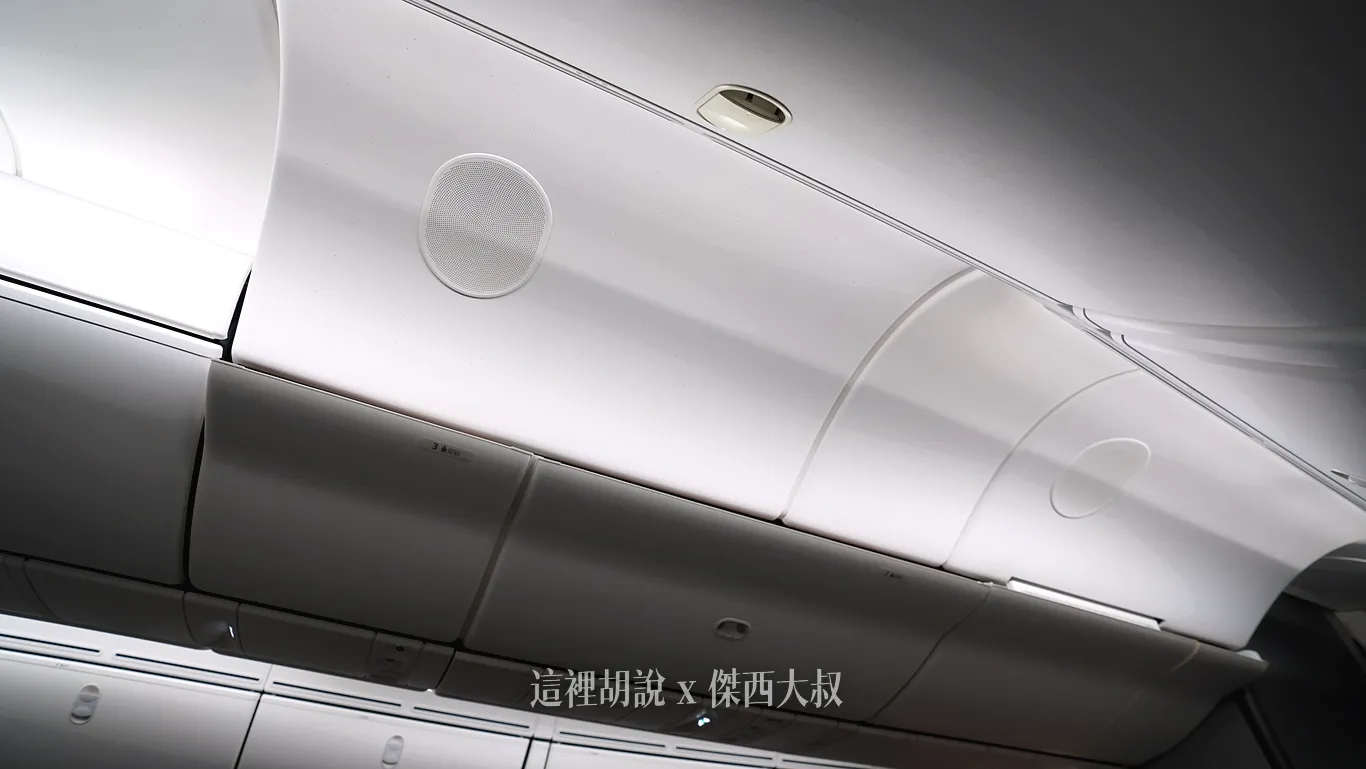 中央第二排跟第三排上方行李厢是無法開啟的，是組員休息室，但787-10的部分機種因為提供給短程航線執行任務，所以沒有設置組員休息室