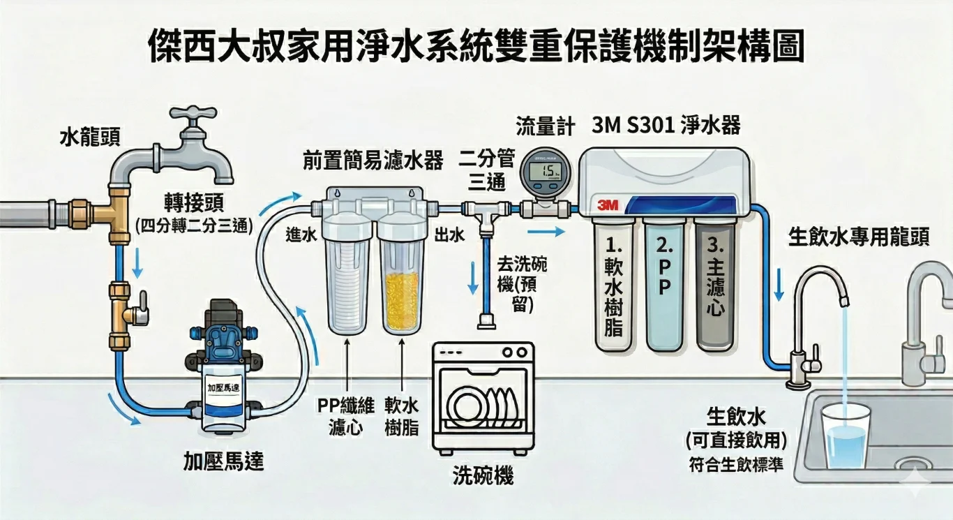 脫北日記：傑西用3M滿20年 入手可生飲3M S301 淨水系統 三道式淨水系統 南部老屋水管到底有多髒？從老舊管線到安心生飲 配置清單：傑西自己的改裝筆記