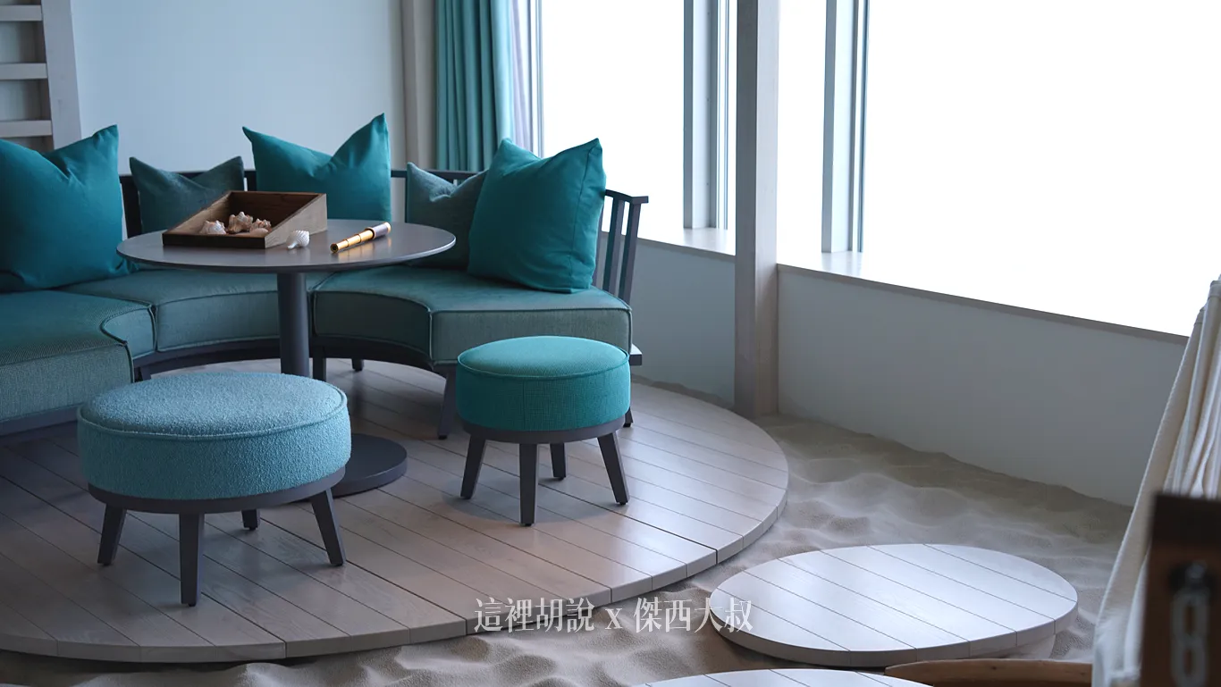 因為海峽流速非常的快，所以關門海峽兩岸是沒有沙灘的，飯店把沙灘的設計放進來也是特別的意義，然你感受到更完整的海岸風情