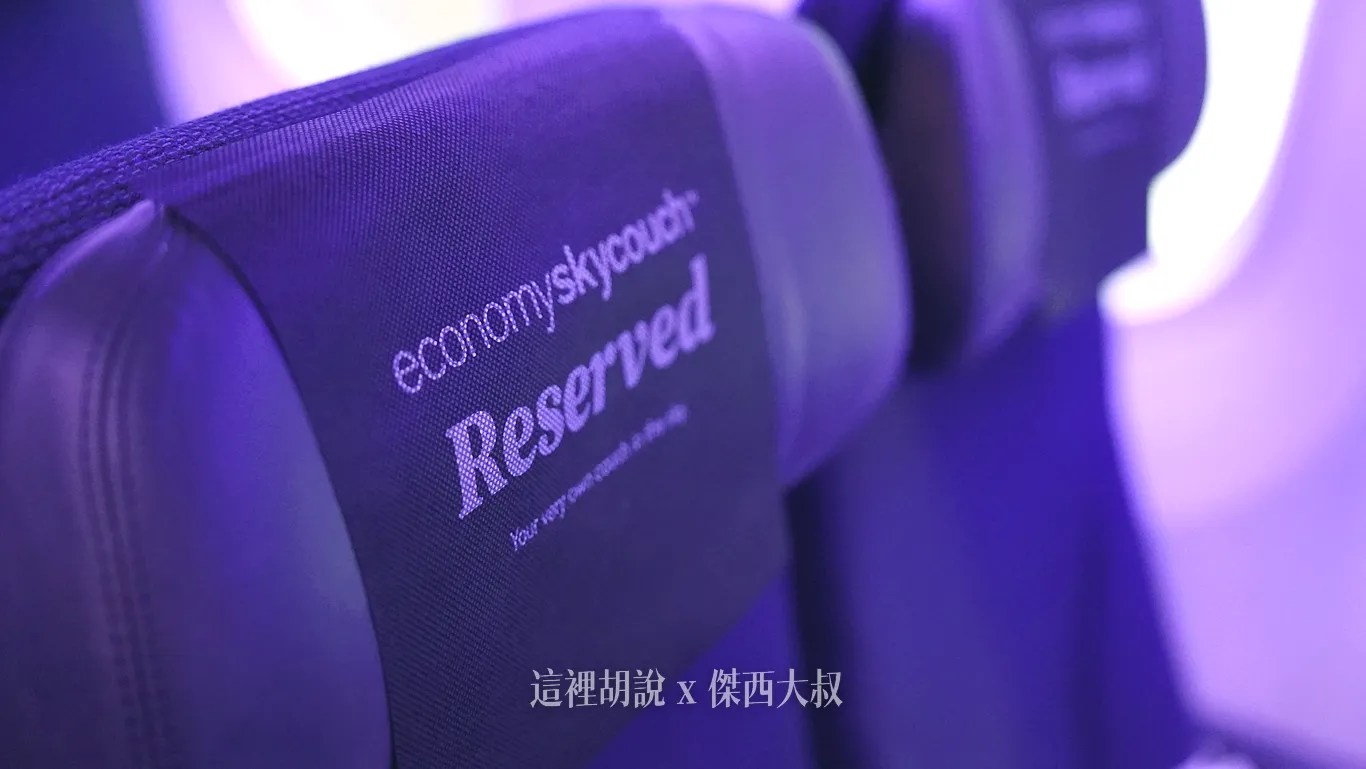 椅子上頭枕布有特別標示這個座位是Skycouch