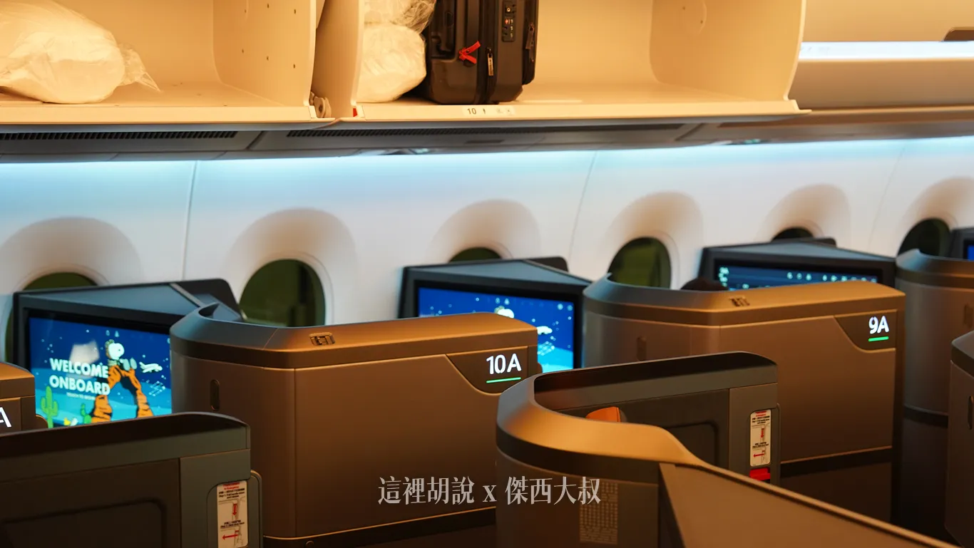 星宇航空商務艙客艙走道旁，深灰色獨立包廂外側清楚標示著帶有底線燈光（可以識別旅客狀態）的座位號碼，搭配上方開啟的行李置物櫃與整齊排列的個人螢幕，方便乘客快速辨識入座。