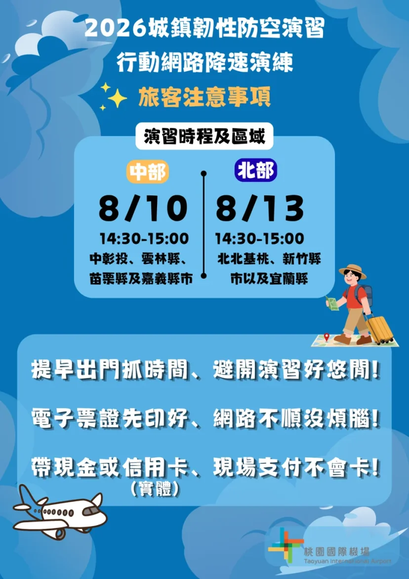 8/13 桃機實施防空演習與手機降速演練！航班起降不受影響，搭機與接送機旅客三大應對指南 - 這裡胡說 JL TALKS