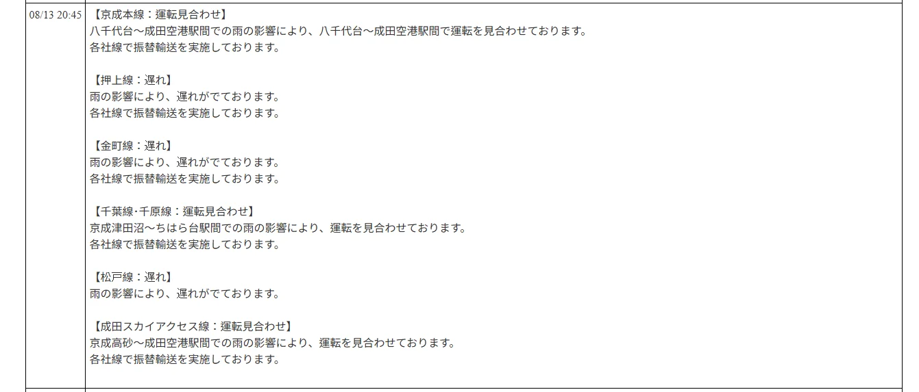 航空事件簿：2026/08/13 東京地區出現強烈陣雨 部分區域紫色黑色避難警報：京成電鐵