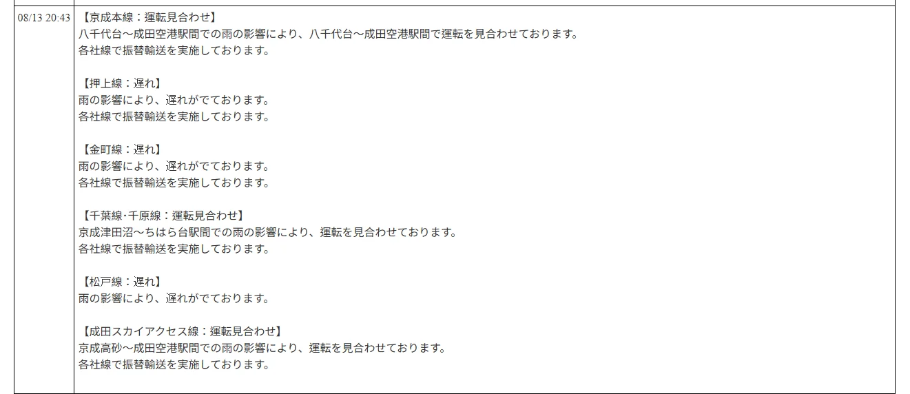 航空事件簿：2026/08/13 東京地區出現強烈陣雨 部分區域紫色黑色避難警報：京成電鐵