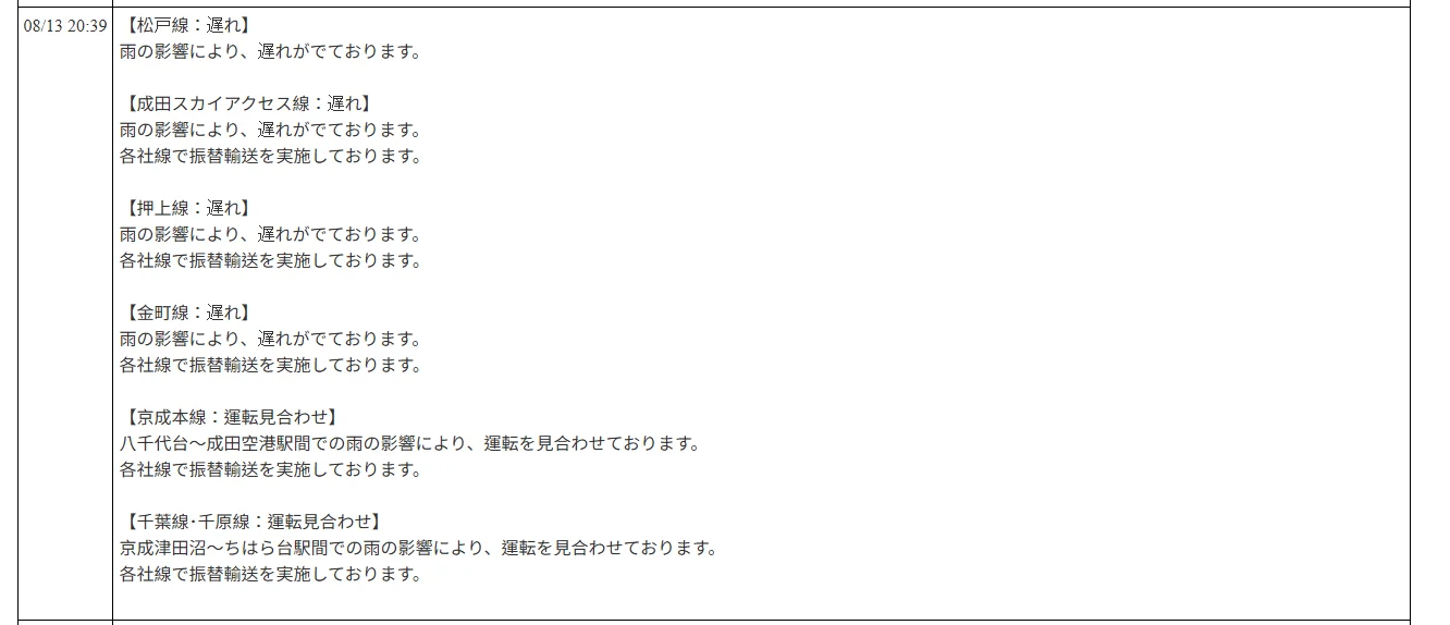 航空事件簿：2026/08/13 東京地區出現強烈陣雨 部分區域紫色黑色避難警報：京成電鐵