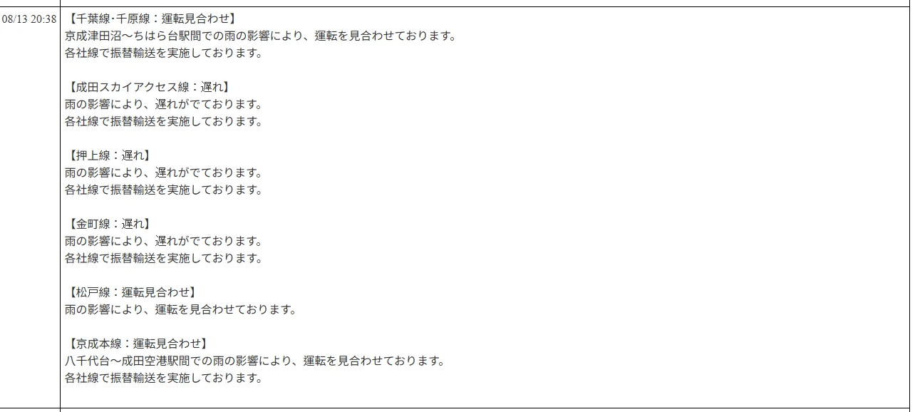 航空事件簿：2026/08/13 東京地區出現強烈陣雨 部分區域紫色黑色避難警報：京成電鐵