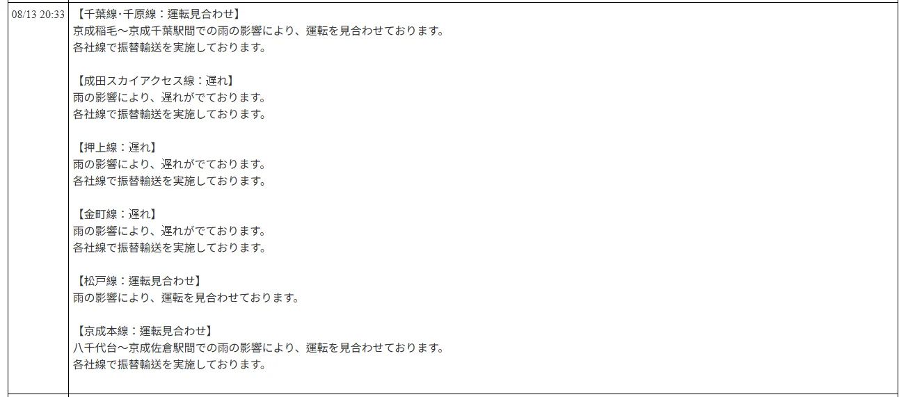 航空事件簿：2026/08/13 東京地區出現強烈陣雨 部分區域紫色黑色避難警報：京成電鐵