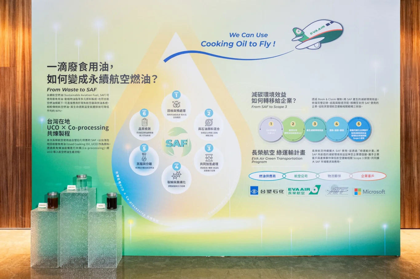 長榮航空使用台塑石化生產的永續航空燃油，原料採用廢食用油，供應來源及製程皆經過國際永續與碳認證(ISCC)驗證。