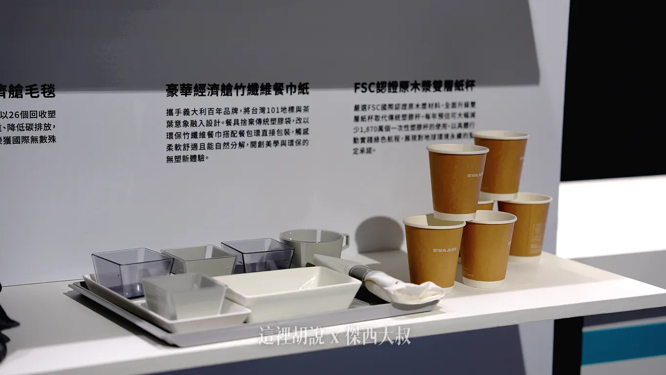 豪華經濟艙竹纖維餐巾紙：攜手義大利百年品牌合作，將台灣 101 地標與茶葉意象融入視覺；餐具捨棄傳統塑膠袋包裝，改以天然環保竹纖維餐巾搭配餐包直接包裝，觸感柔軟且具備自然生物分解特性。