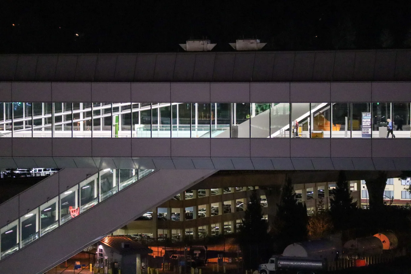 Inside the expansive pedestrian skybridge toward border control.Photo / Port of Seattle