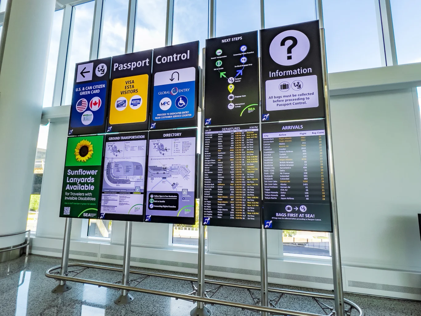 Overhead electronic screens provide real-time maps and flow instructions.