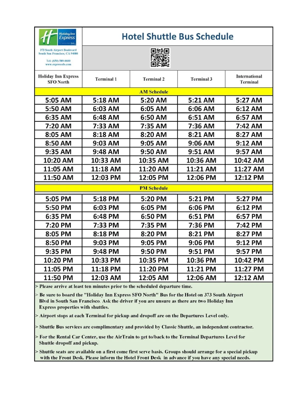 Holiday Inn Express San Francisco-Airport(SFO) North 的接駁車時刻表 Holiday Inn Express San Francisco-Airport(SFO) North 的接駁車時刻表