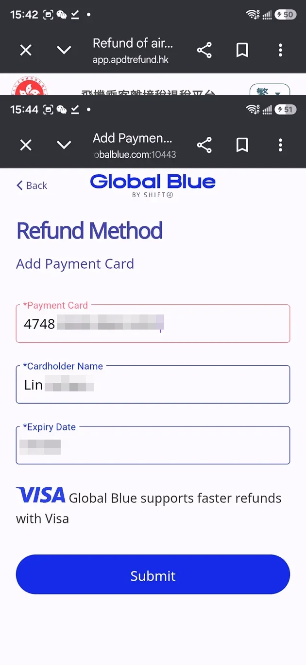 跳轉到GLOBAL BLUE，就直接輸入信用卡卡號資訊就可以完成退款